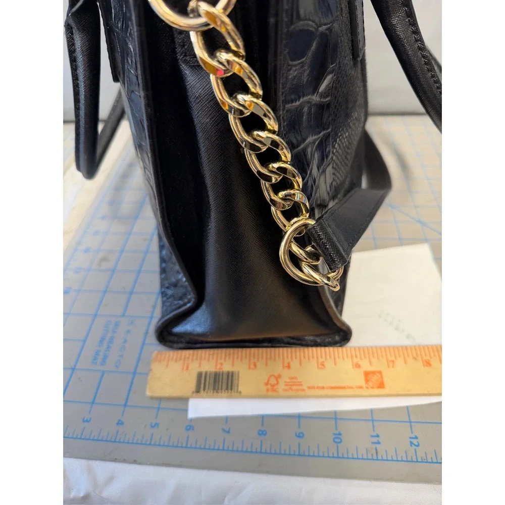 Michael Kors Hamilton Black Mixed Media Calf Hair Croc Embossed Leather Tote Bag